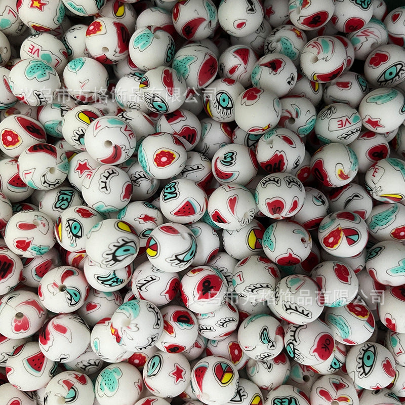 Wholesale 50pcs DIY Christmas Snowman Christmas Tree Printing 15mm Silicone Beads